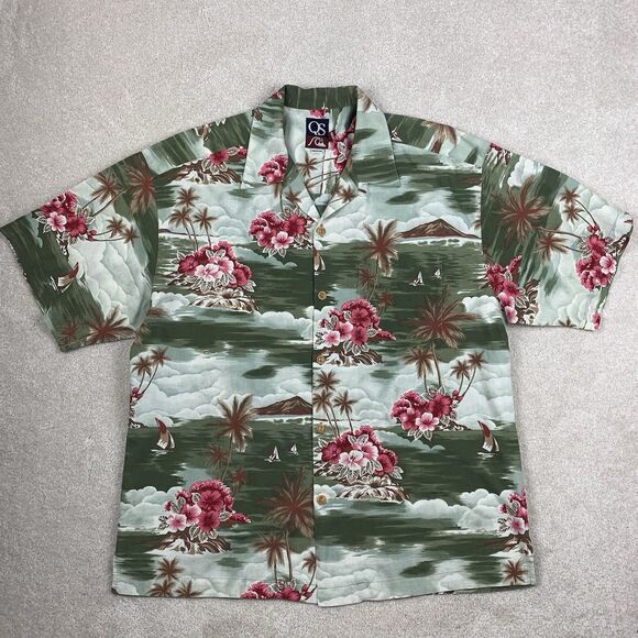 Vtg Quicksilver Hawaiian Loop Camp Shirt Med 90s Resort Tribal Palm Trees Art - Picture 1 of 13